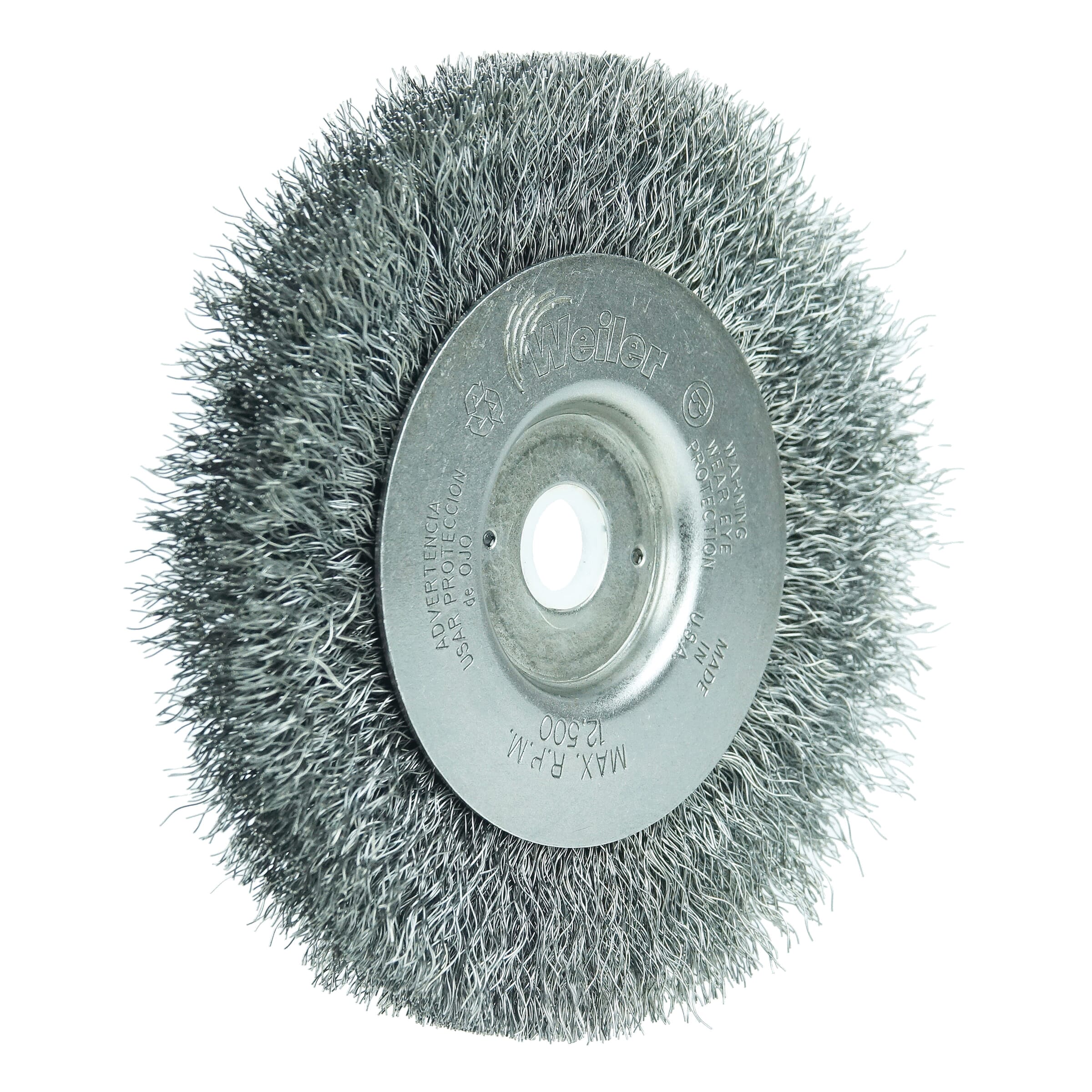 Weiler® 00114 Narrow Face Wheel Brush, 4 in Dia Brush, 1/2 in W Face, 0.008 in Dia Crimped Filament/Wire, 1/2 to 3/8 in Arbor Hole